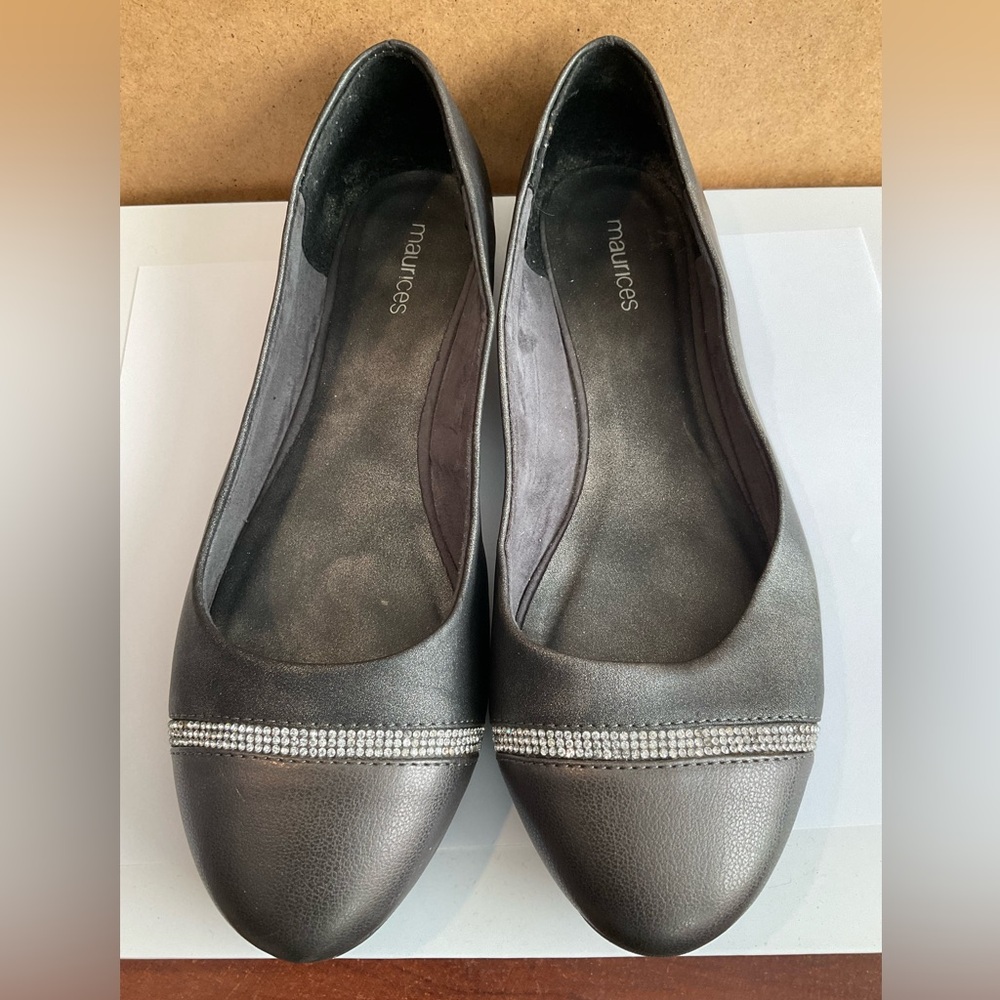 Maurices Pewter Ballet Flats Rhinestone Stripe EUC